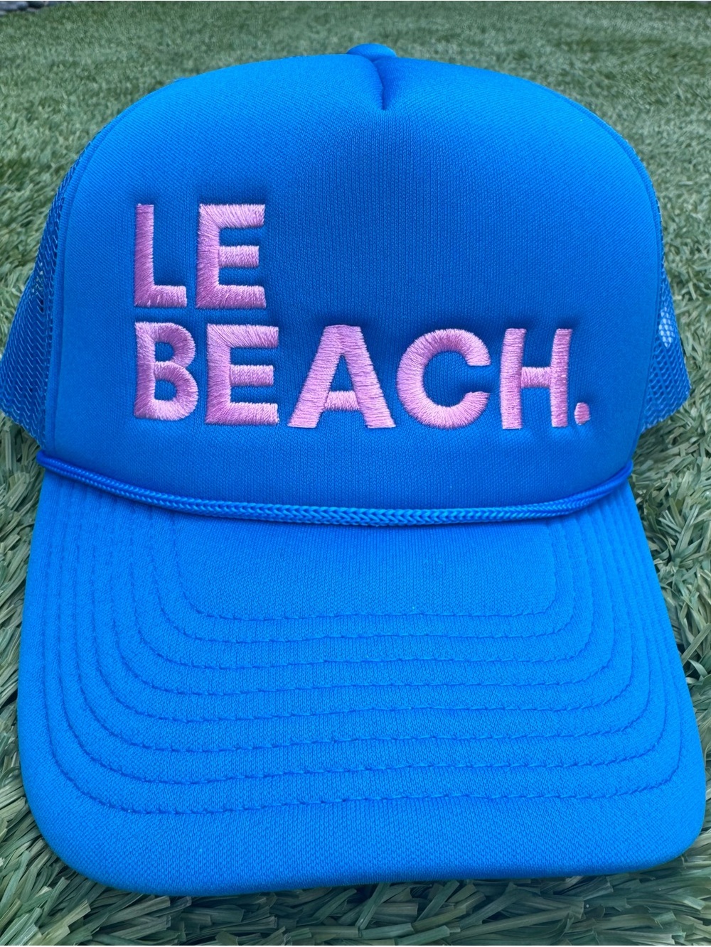 Adult Blue Trucker Hat with Pink "LE BEACH." Embroidery